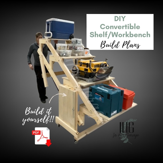 Transforming Storage Shelf DIY Woodworking Plans, Convertible Shelves Workbench Build Plan