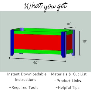 May include: A digital illustration of a wooden planter box with dimensions of 40 inches by 18 inches by 18 inches. The planter is painted in shades of green, red, and blue. The image includes text that says "What you get" and lists the digital download contents: Instant Downloadable, Materials & Cut List, Instructions, Required Tools, Product Links, and Helpful Tips.