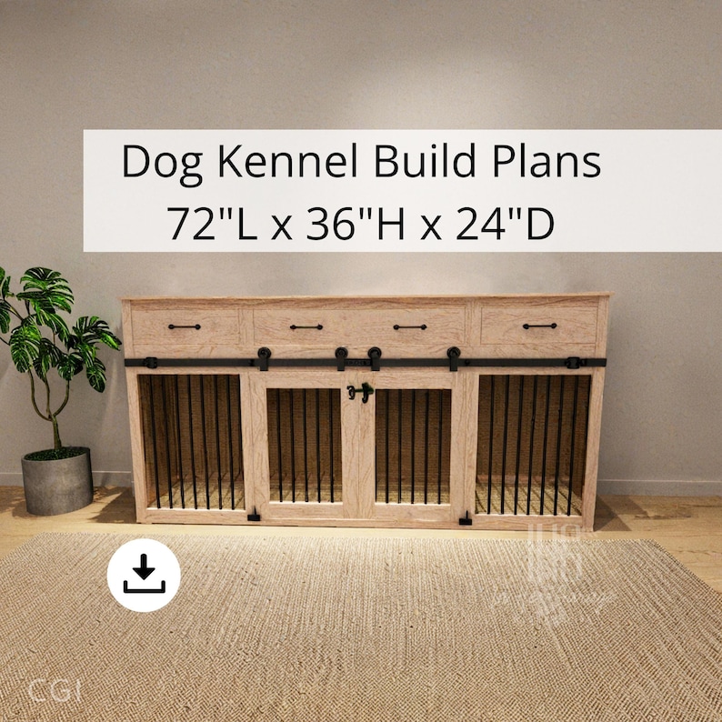 May include: A wooden dog kennel with three separate compartments, each with a sliding door. The kennel is 72 inches long, 36 inches high, and 24 inches deep. The kennel has a light wood finish and black metal accents.
