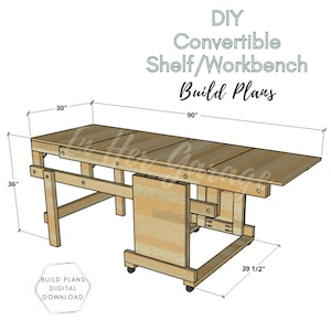 May include: Digital plans for building a convertible shelf/workbench. The plans show a 90-inch long by 36-inch wide workbench with a 30-inch deep shelf that can be folded down. The workbench is on wheels and has a height of 39 1/2 inches.