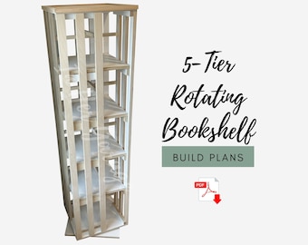 DIY Bookshelf Plans, 5-Tier Rotating Bookcase, Woodworking Plans, Book Storage Shelf, Decorative Freestanding Bookshelf Digital Build Plan