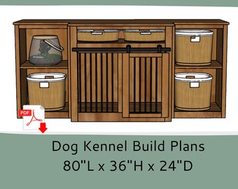 Dog Crate Furniture Plans- Wood Dog Kennel Furniture - Single Dog Crate with Storage-Barn Doors- DIY Woodworking Plans - TV Stand Dog Kennel