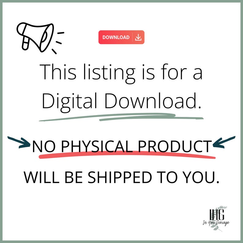 May include: A digital download graphic with a megaphone icon and the text "This listing is for a Digital Download. NO PHYSICAL PRODUCT WILL BE SHIPPED TO YOU."