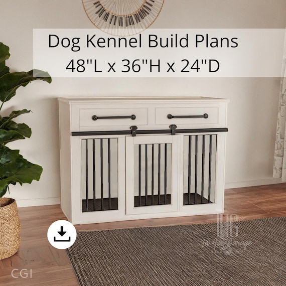 Dog Crate Furniture Plans with Drawers Kennel with Sliding Barn Door Entertainment Center Double Kennel Storage DIY Woodworking TV Stand