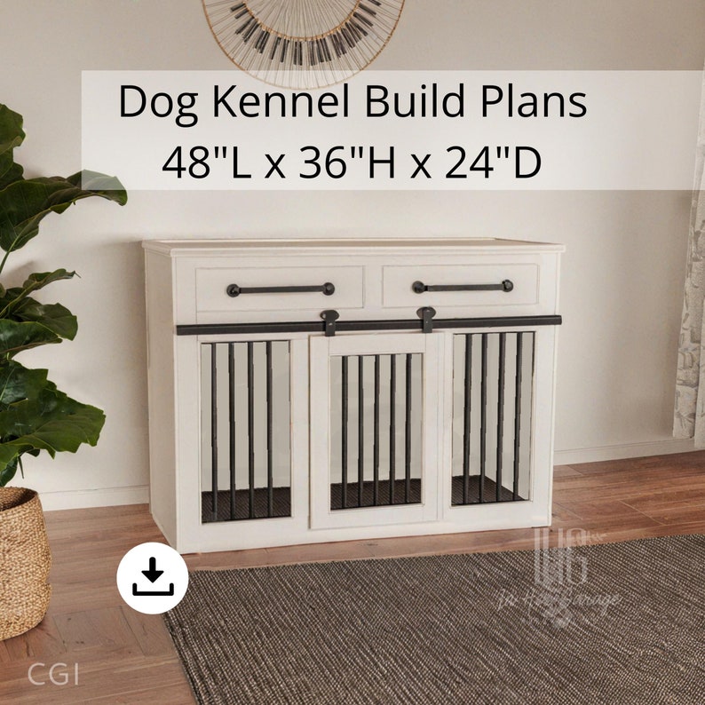 May include: White dog kennel with two sliding doors and two drawers. The kennel is 48 inches long, 36 inches high, and 24 inches deep. The kennel has black metal bars and black metal handles.