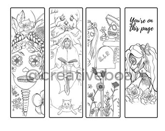 Halloween Seasons Coloring Bookmarks - Set of 4 Coloring Bookmarks - Downloadable Sugar Skull Bookmarks - Book Lovers Perfect Holiday Gift