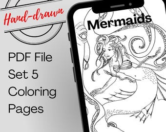 Mermaid Hand-Drawn Coloring Pages Bundle – 5 Fantasy Ocean Printables for Adults & Teens, Instant Download PDF