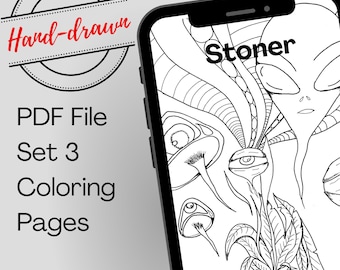 Psychedelic Stoner Coloring Pages Bundle – 3 Trippy Printable PDF Sheets for Adults