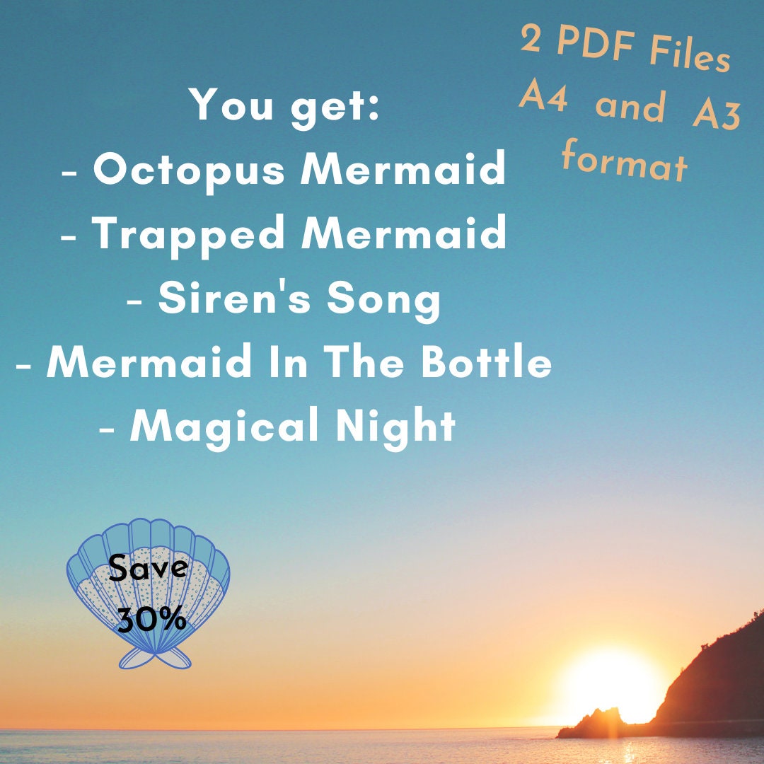 Set 5 Coloring Pages Mermaid Fantasy Downloadable Sheets for Adult and