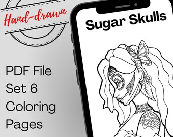 Sugar Skulls Coloring Bundle – 6 Day of the Dead Printable Pages for Adults, Halloween & Spooktober Art PDF