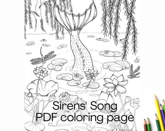 May include: A black and white line drawing of a mermaid with long flowing hair, emerging from a pond filled with lily pads. The mermaid's tail is visible above the water, and dragonflies are flying around the pond. The text "Sirens' Song PDF colouring page" is written below the image.