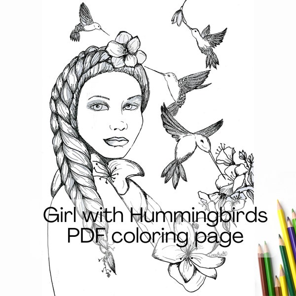 Portrait Girl with Hummingbirds downloadable coloring page for adults and teens for anxiety relief - Instant download PDF digital sheet