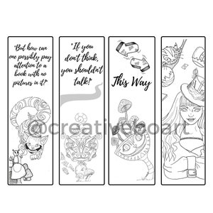 Alice in Wonderland Coloring Bookmarks -Set of 4 Coloring Bookmarks -Downloadable Cheshire Cat Bookmarks -Printable Book Lovers Perfect Gift