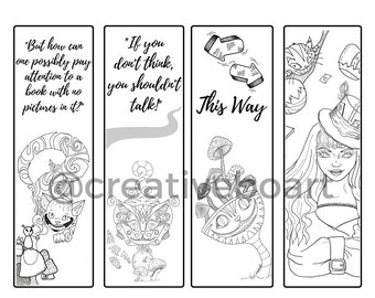 Alice in Wonderland Coloring Bookmarks -Set of 4 Coloring Bookmarks -Downloadable Cheshire Cat Bookmarks -Printable Book Lovers Perfect Gift