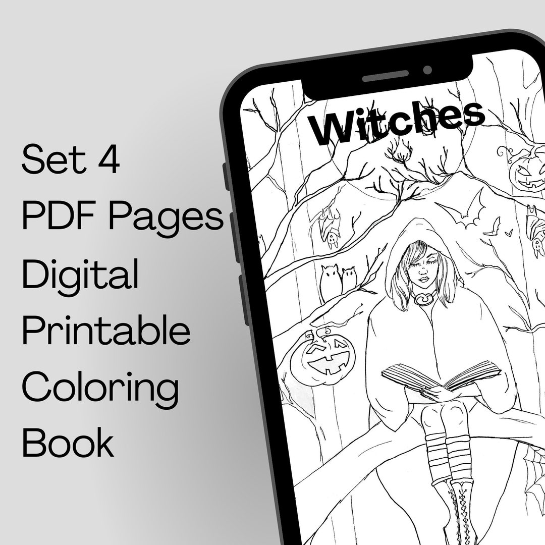 Set 4 Witch Downloadable Coloring Pages for Adults Gothic &amp; Wicca Coloring Book Print at Home ...