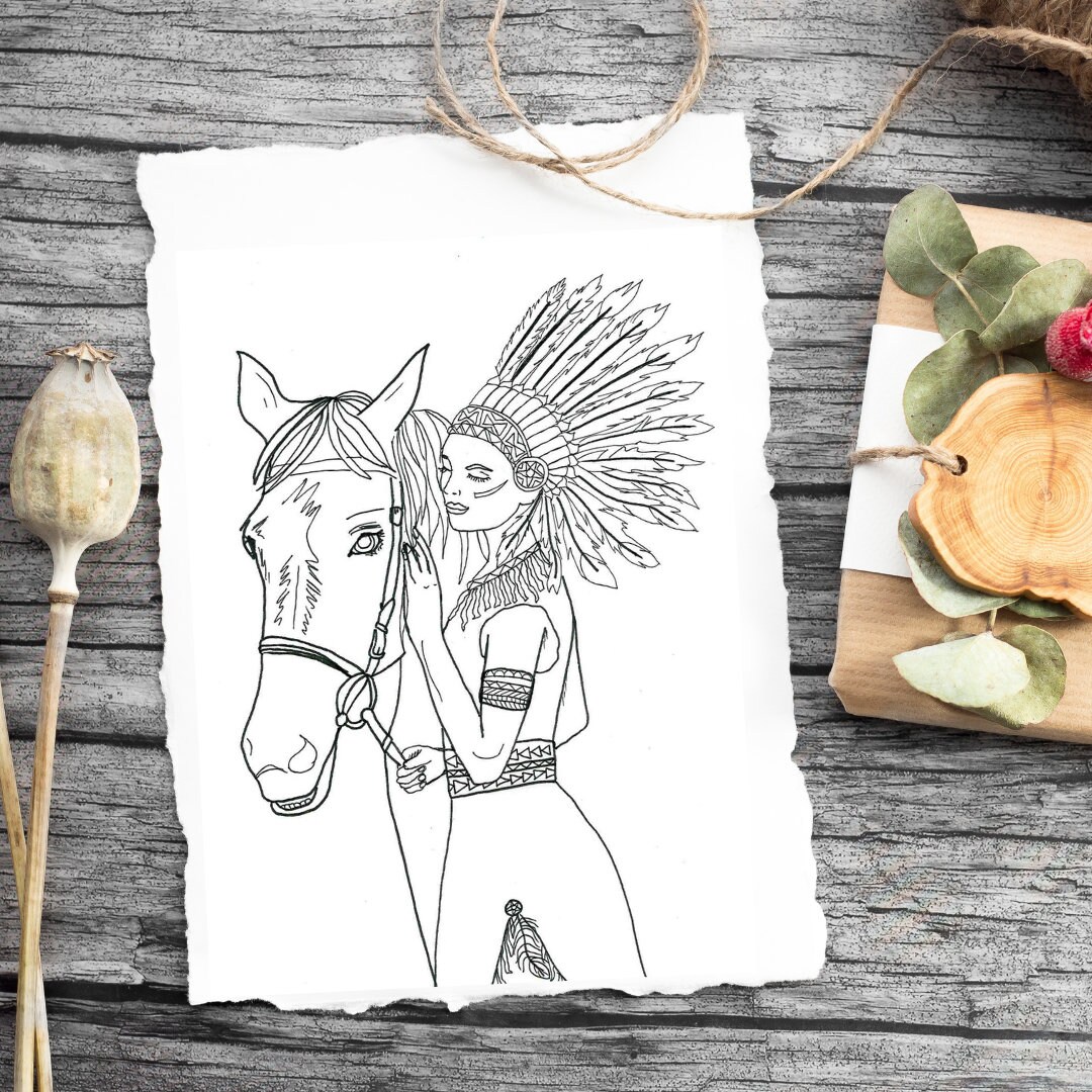 American Native Printable PDF Adult Coloring Page Girl With a Horse ...