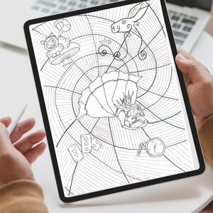 May include: A digital illustration of Alice in Wonderland on a tablet. The black and white drawing features Alice falling, a Cheshire Cat, playing cards, a pocket watch, and a rabbit. The background has a spiral design.