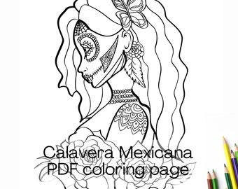 Página para colorear de tatuaje de calavera: Día de Muertos, Zentangle imprimible (patrón en PDF)