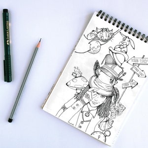 May include: A black and white illustration of the Mad Hatter from Alice in Wonderland, drawn on a spiral-bound sketchbook. The drawing includes the Cheshire Cat, White Rabbit, and "This Way" signs. A green pen and pencil are on the white surface.