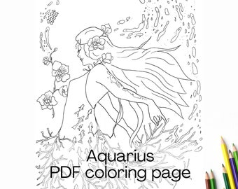 May include: A black and white line drawing of a woman with flowing hair and flowers in her hair. She is surrounded by fish and coral. The text "Aquarius PDF colouring page" is at the bottom of the image.