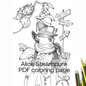 Alice in Wonderland Steampunk Adult downloadable coloring page - Mad Hatter PDF Instant download printable sheet for digital coloring