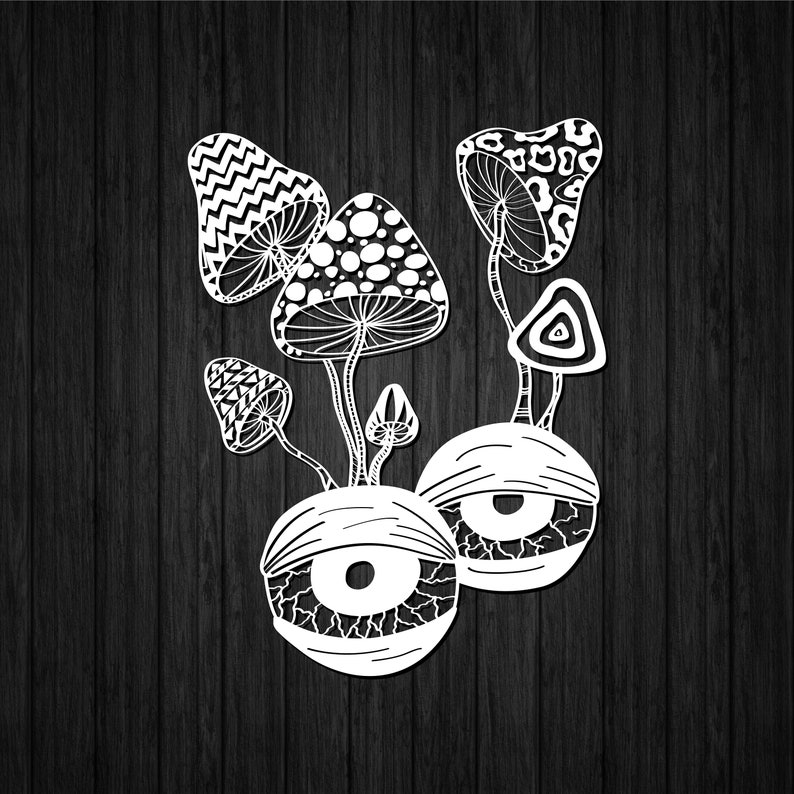 May include: Black and white illustration of a group of mushrooms with eyes. The mushrooms have different patterns and shapes.