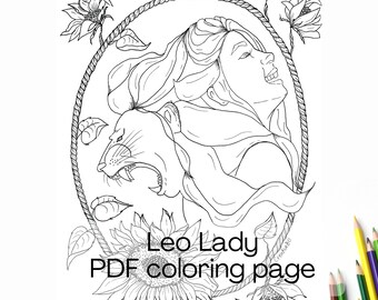 Woman Leo Zodiac Hand-drawn Coloring Page – Sunflowers Printable (PDF Digital)