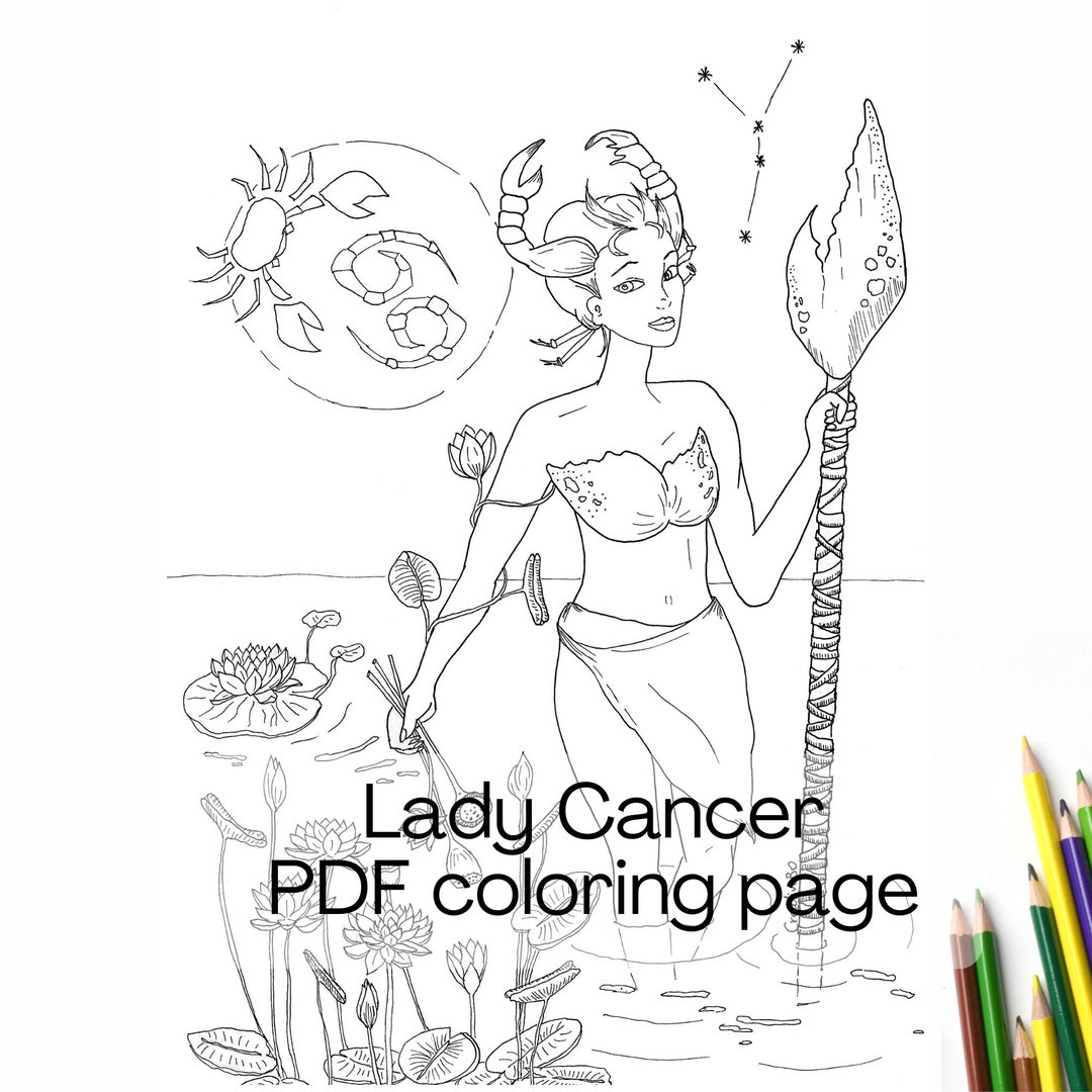 Cancer Zodiac Coloring Page – Astrology Printable With Water Lily Birth ...