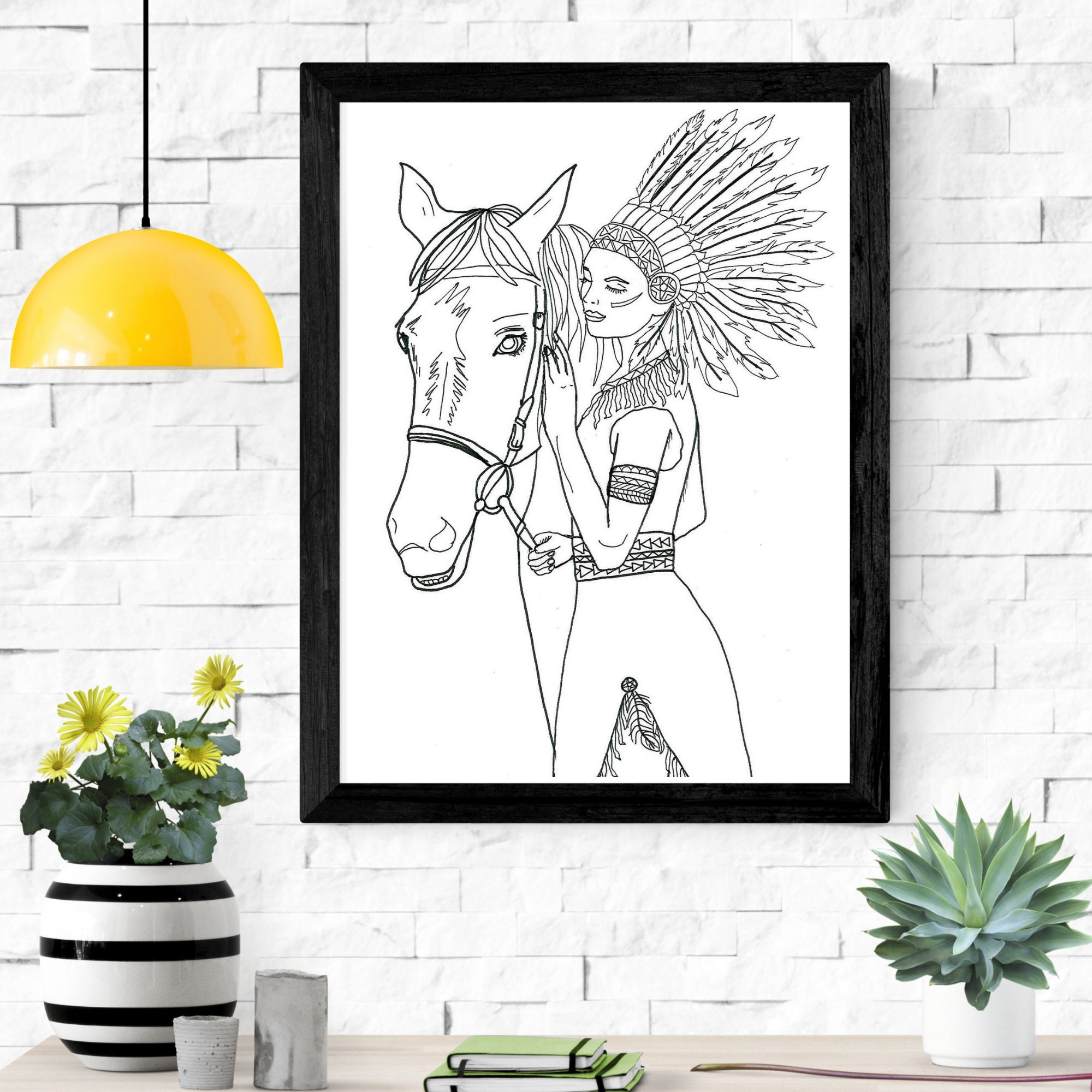 American Native Printable PDF Adult Coloring Page Girl With a Horse ...