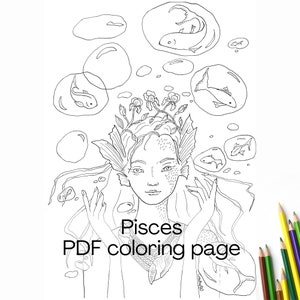 May include: A black and white line drawing of a mermaid with flowing hair and a crown of flowers. The mermaid is surrounded by bubbles with fish inside. The text "Pisces PDF coloring page" is at the bottom of the image.