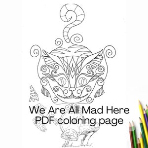 Cheshire Cat mandala zentangle downloadable coloring page for beginners and seniors - Alice in Wonderland PDF Instant Downloadable sheet