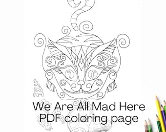 Cheshire Cat Zentangle Coloring Page – Hand-drawn Alice in Wonderland (PDF Download)