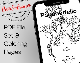 Paquete de páginas para colorear psicodélicas para fumetas: 9 láminas PDF imprimibles y alucinantes para adultos