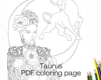 Taurus Zodiac Woman Coloring Page – Intricate Astrology Printable for Adults, Instant Download PDF