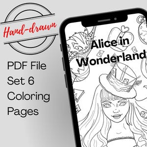 Alice in Wonderland Coloring Bundle – 6 Printable Fantasy Pages for Adults, Cheshire Cat PDF Set image 1