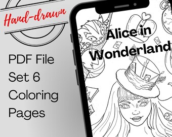 Alice in Wonderland Coloring Bundle – 6 Printable Fantasy Pages for Adults, Cheshire Cat PDF Set