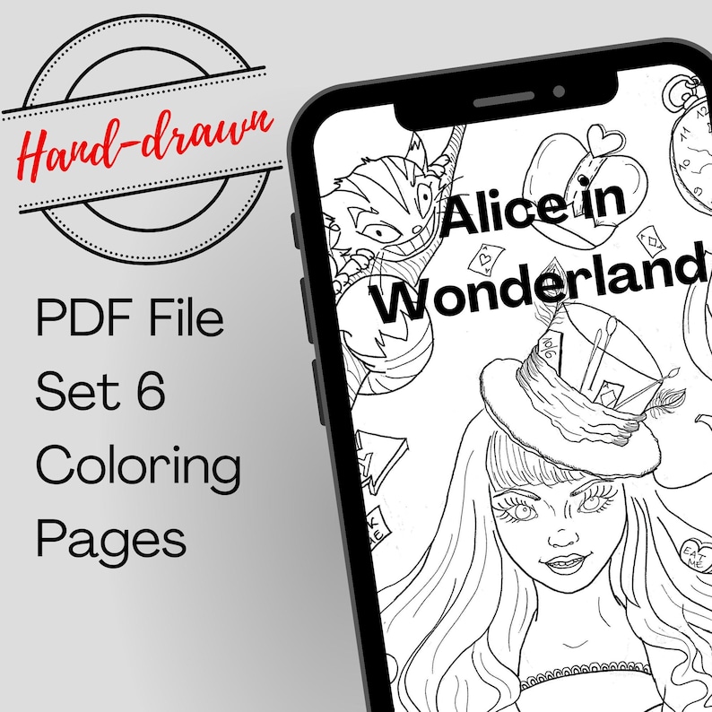 Alice in Wonderland Coloring Bundle – 6 Printable Fantasy Pages for Adults, Cheshire Cat PDF Set image 1