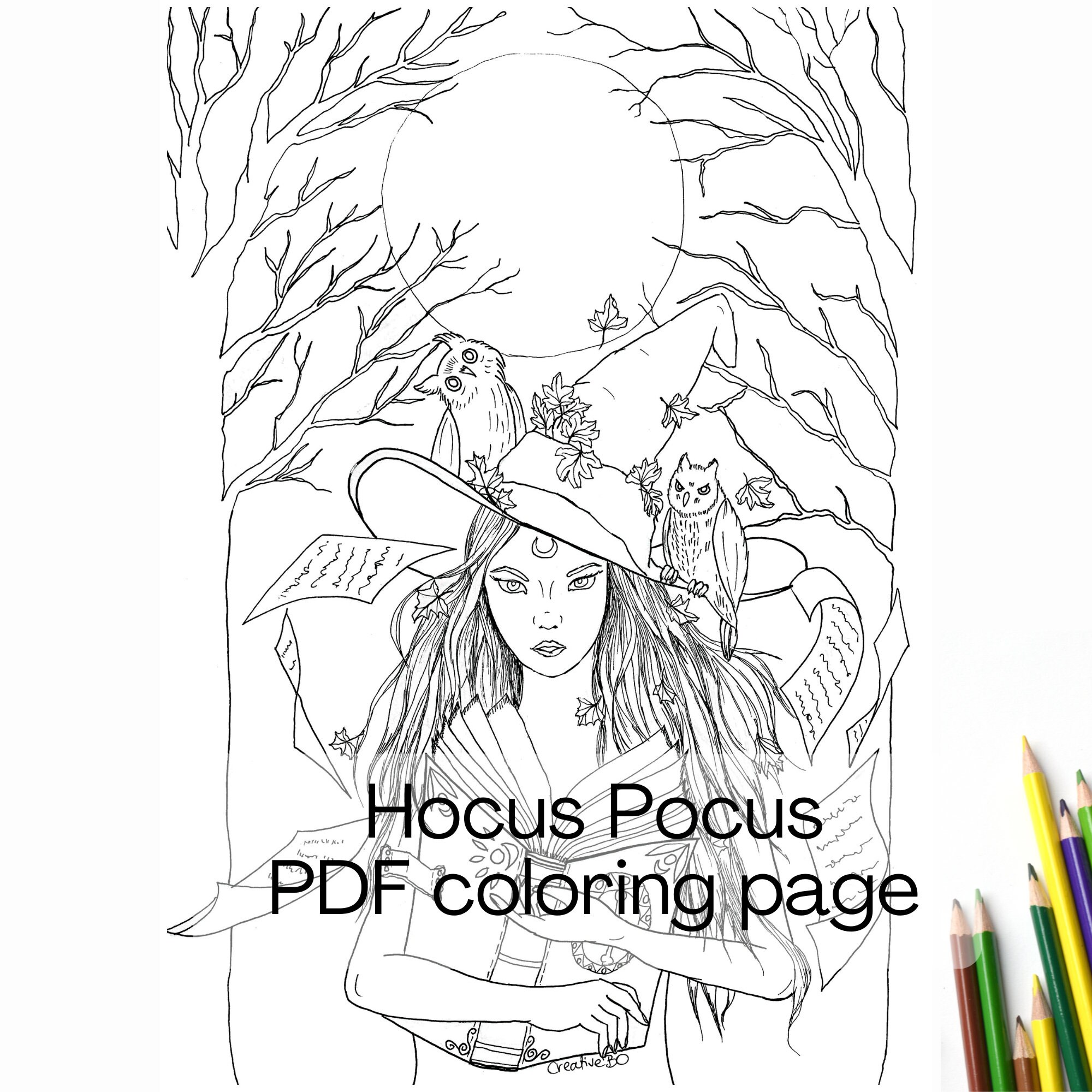 Witch with owls Halloween downloadable Coloring Page for adults and teens -Spooktober sheet - PDF Pr