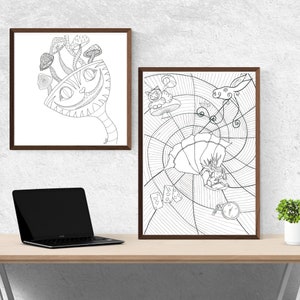 May include: Two framed black and white illustrations of Alice in Wonderland characters. One features the Cheshire Cat with mushrooms, the other depicts Alice falling down a rabbit hole. The frames are dark brown.