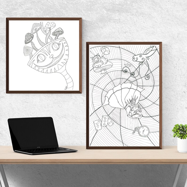 May include: Two framed black and white illustrations of Alice in Wonderland characters. One features the Cheshire Cat with mushrooms, the other depicts Alice falling down a rabbit hole. The frames are dark brown.