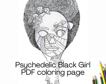 Trippy Hippie Stoner Black Woman downloadable coloring page for adults for mindfulness coloring - Mushroom Psychedelic PDF coloring sheet