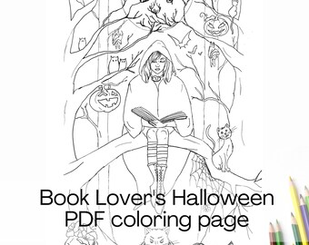Halloween Printable Coloring Page for Adults, Book & Cat Lovers, Hand-drawn (PDF Digital Download)