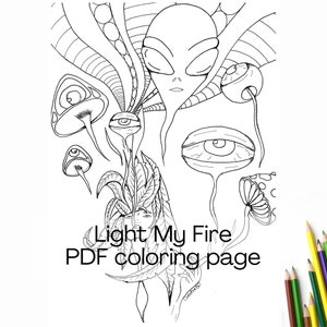 Psychedelic downloadable coloring page for adult anxiety relief. Stoner mindfulness coloring sheet for grown ups. Stoner Girl Gift Trippy