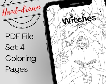Witches Coloring Pages Bundle – 4 Printable Witch Fantasy PDFs for Adults & Teens, Instant Download