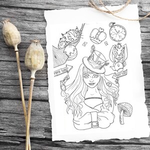 May include: Black and white illustration of Alice in Wonderland characters on torn paper. Features Alice, the Cheshire Cat, White Rabbit, and other elements from the story. Includes text that says "This Way", "Drink Me", and "That Way".