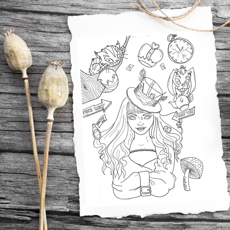 May include: Black and white illustration of Alice in Wonderland characters on torn paper. Features Alice, the Cheshire Cat, White Rabbit, and other elements from the story. Includes text that says "This Way", "Drink Me", and "That Way".