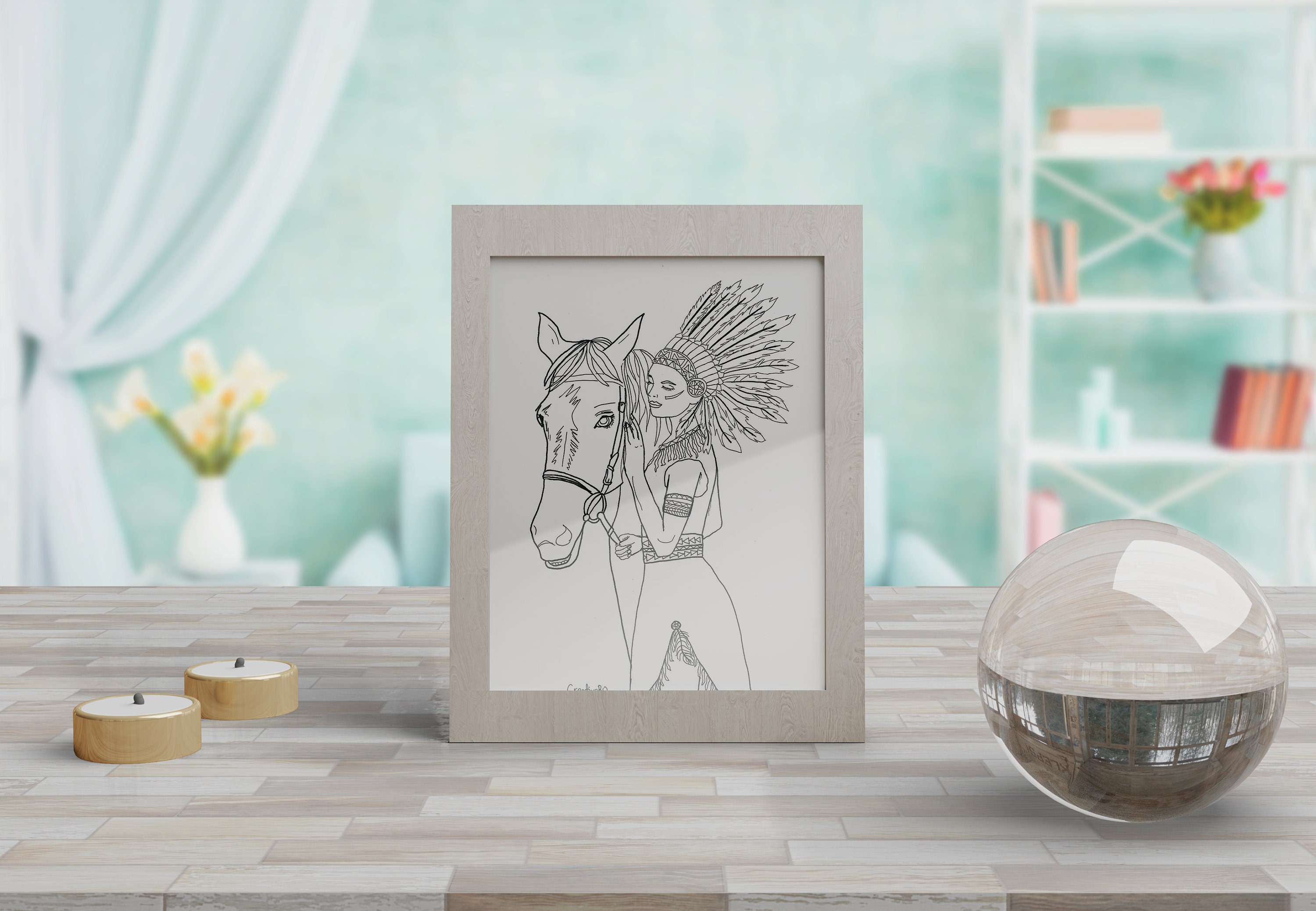 American Native Printable PDF Adult Coloring Page Girl With a Horse ...