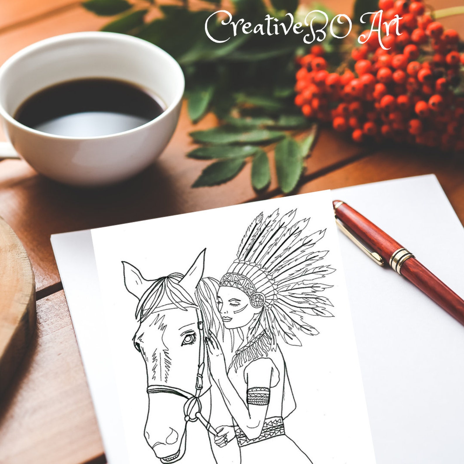American Native Printable PDF Adult Coloring Page Girl With a Horse ...