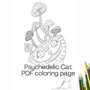 Psychedelic Cheshire Cat with mushrooms downloadable coloring page for adults - Alice in Wonderland Instant Download Coloring sheet