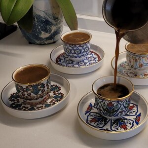 Turkish Coffee Set, Hand-Painted Porcelain Cup and Saucer, Copper Pot, Gift for her